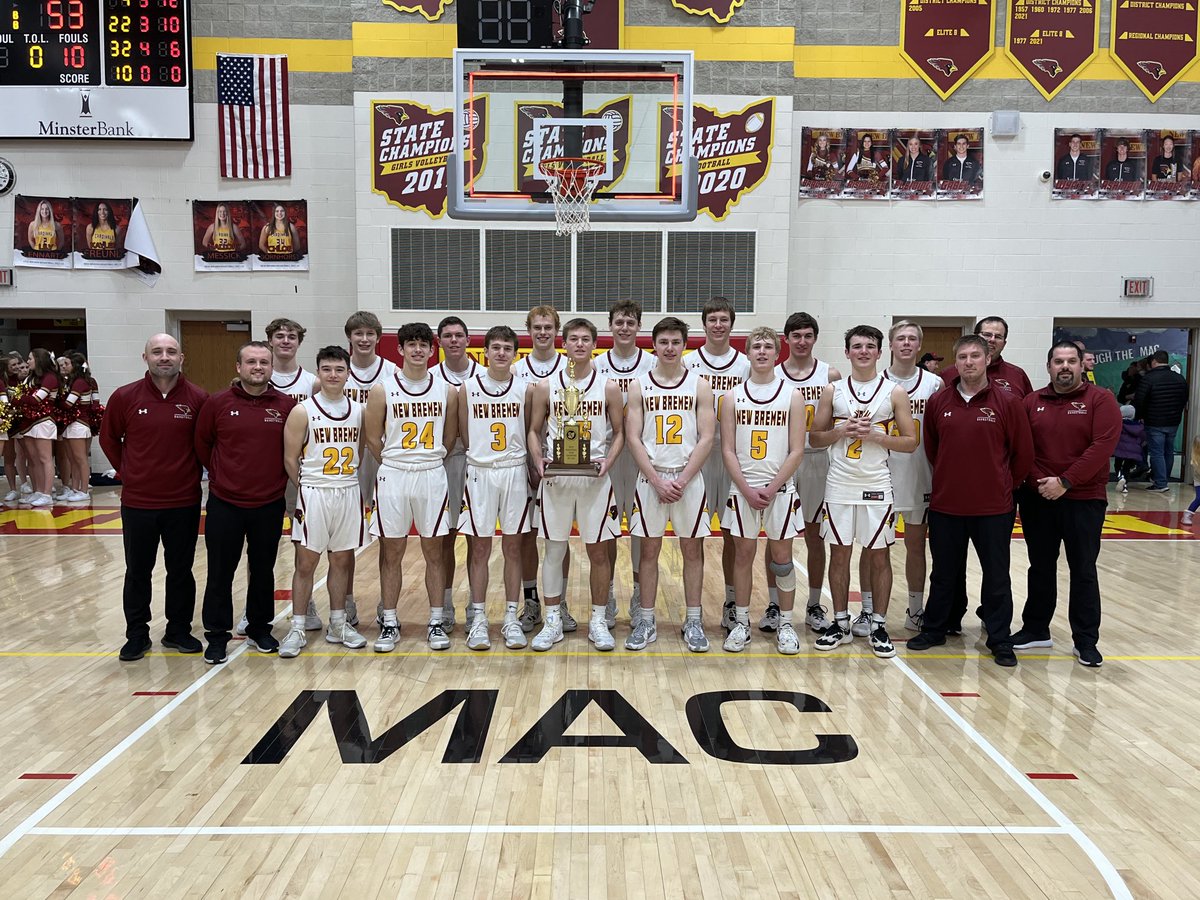 midwestathletic's tweet photo. Congratulations to the Marion Local boys basketball team and the New Bremen boys basketball team on sharing the 2021-2022 #MAC boys basketball team championship with the Versailles boys basketball team. #ThreeWayTie ⁦@MLFlyers_sports⁩ ⁦@NewBremenSports⁩ https://t.co/dPazVGTIDO