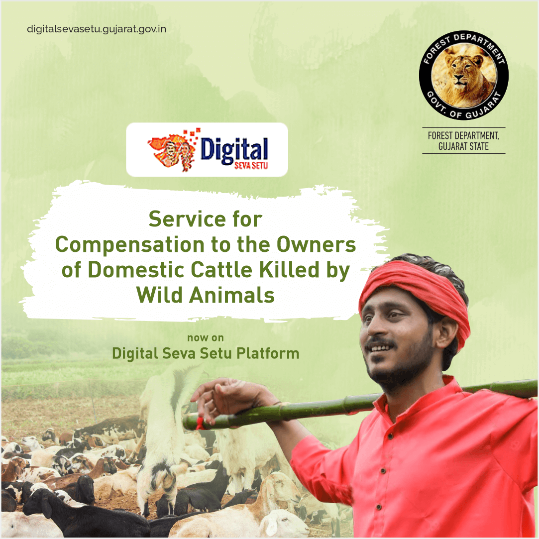 The application for the service of Compensation to the Owners of Domestic Cattle Killed by Wild Animals has been integrated and implemented on #DigitalSevaSetu. @narendramodi @PMOIndia @moefcc @CMOGuj @bhupendrapbjp @AshwiniKChoubey @KiritsinhJRana @MLAJagdish