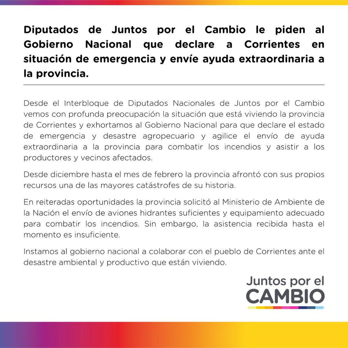 gracielaocana's tweet photo. Desde el interbloque @juntoscambioar le pedimos al Gobierno Nacional que declare a Corrientes en situación de emergencia y envíe ayuda extraordinaria a la provincia. https://t.co/kr8KEDYRO2