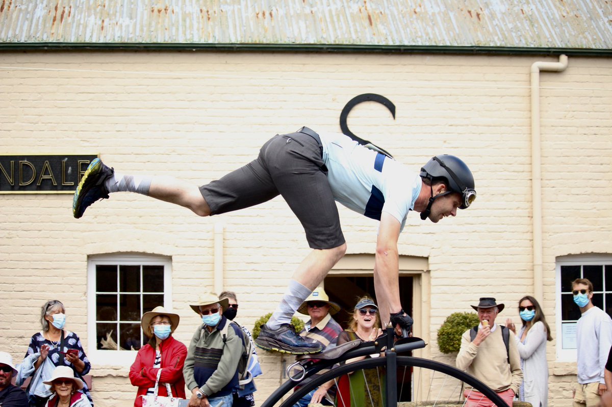 MonteBovill's tweet photo. What an awesome day! Riders from across Australia are in Evandale in Tasmaniaβs north for the National Penny Farthing Championships. Tune in to @abcnews tonight at 7pm to see me get on one π€£π https://t.co/5QKo4l1Ht3