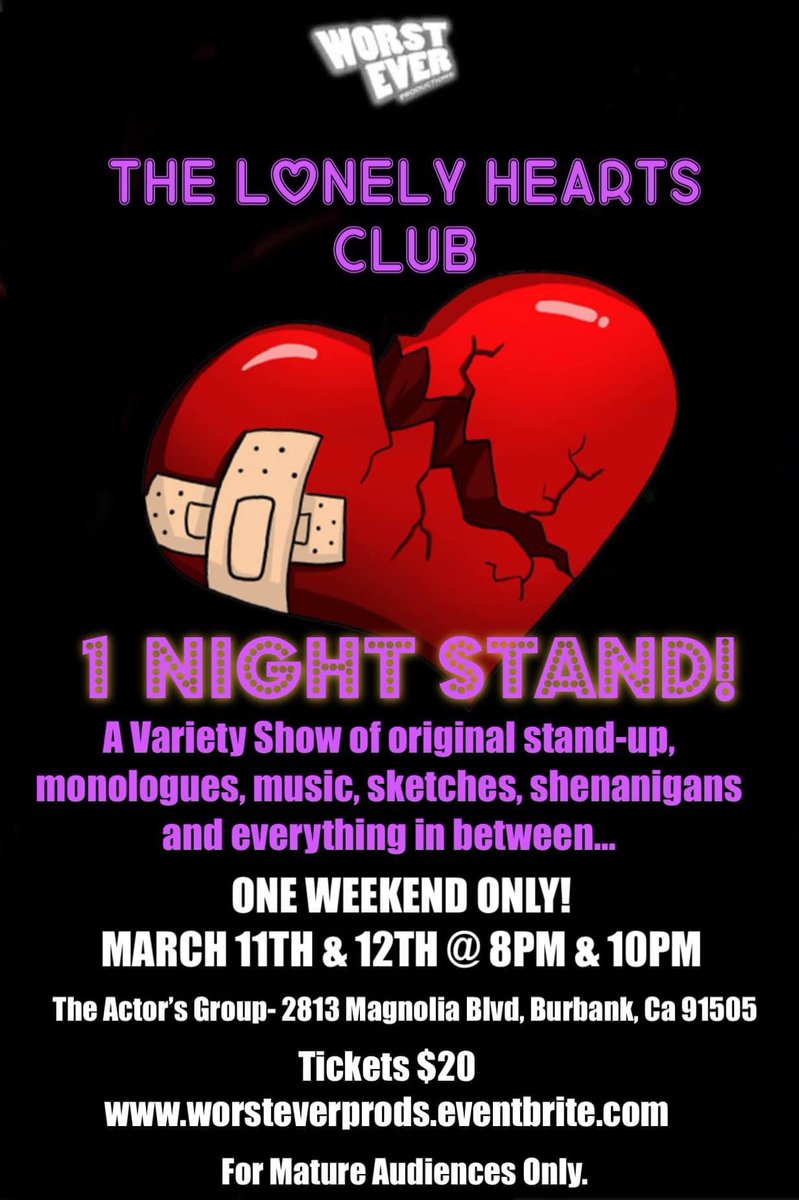 worsteverprods's tweet photo. We open three weeks from tonight and tickets for #TheLonelyHeartsClubOneNightStand #VarietyShow are selling fast! Seating is limited, so don’t wait to the last minute! https://t.co/XJEkJKpKce #WorstEverProds #Theatre #LiveTheatre #Comedy #standup #Music #Drag #SketchComedy https://t.co/IHuEO0CU6Z