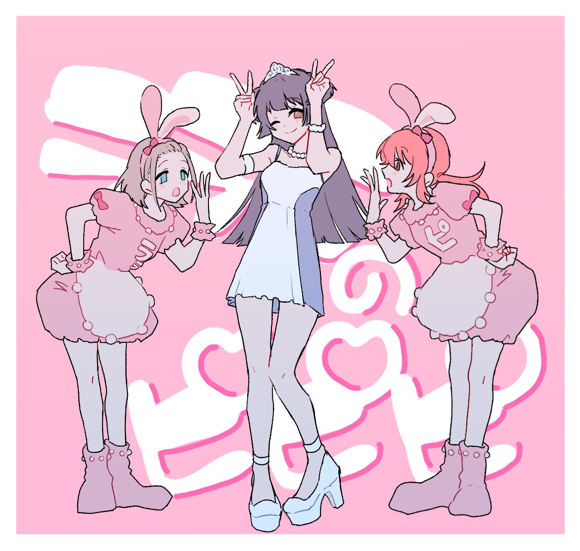 multiple girls 3girls v animal ears rabbit ears dress high heels  illustration images