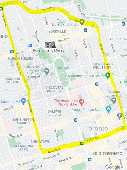 ROAD CLOSURES:
Spadina to the west
Church St to the east
Davenport Rd to the north
Queen Street to the south
^lb