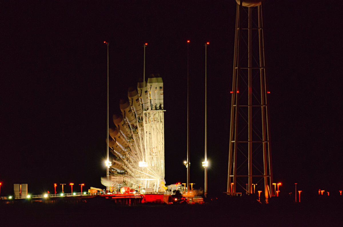 fxsmurphy's tweet photo. Composite photo, Cygnus NG-17 aboard the Antares rocket. Being raised to vertical. From the Mid-Atlantic Regional Spaceport (MARS) Pad 0A on Wallops Island, Virginia. 
@NASA_Wallops
#Antares #Cygnus #NG17 
@northropgrumman
@NASASocial 
@NASASocialLIVE https://t.co/xaMBpMCzeE