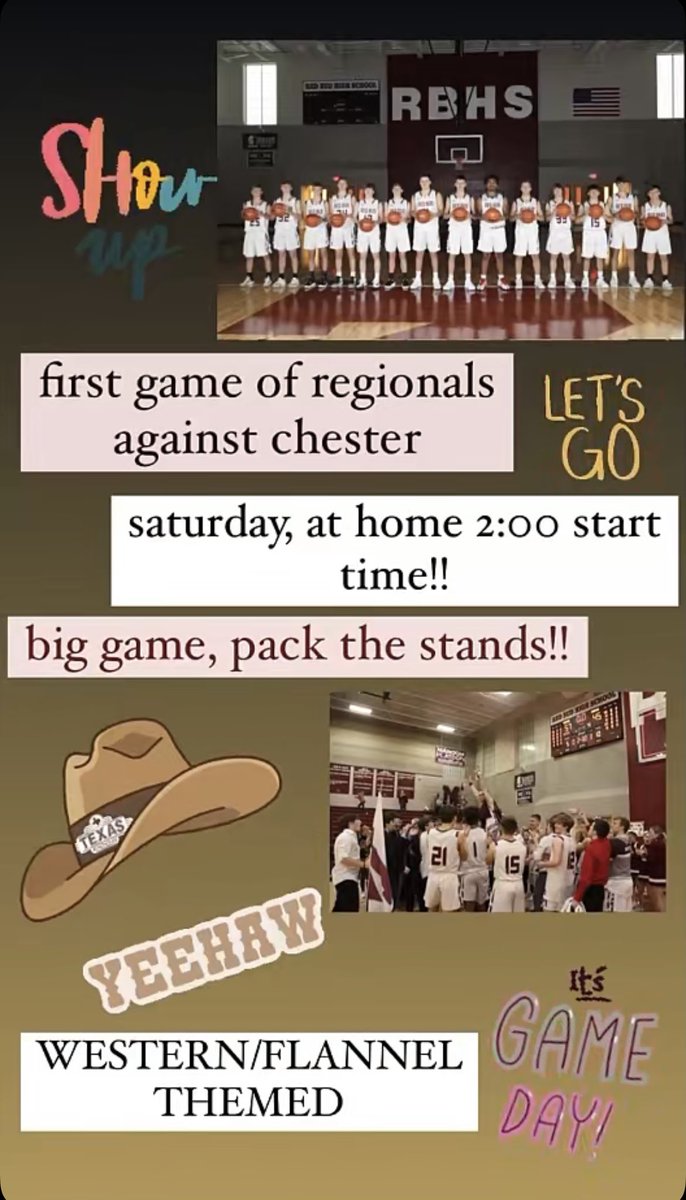 first boys regional game against chester tom at 2!! western/flannel night is the theme!