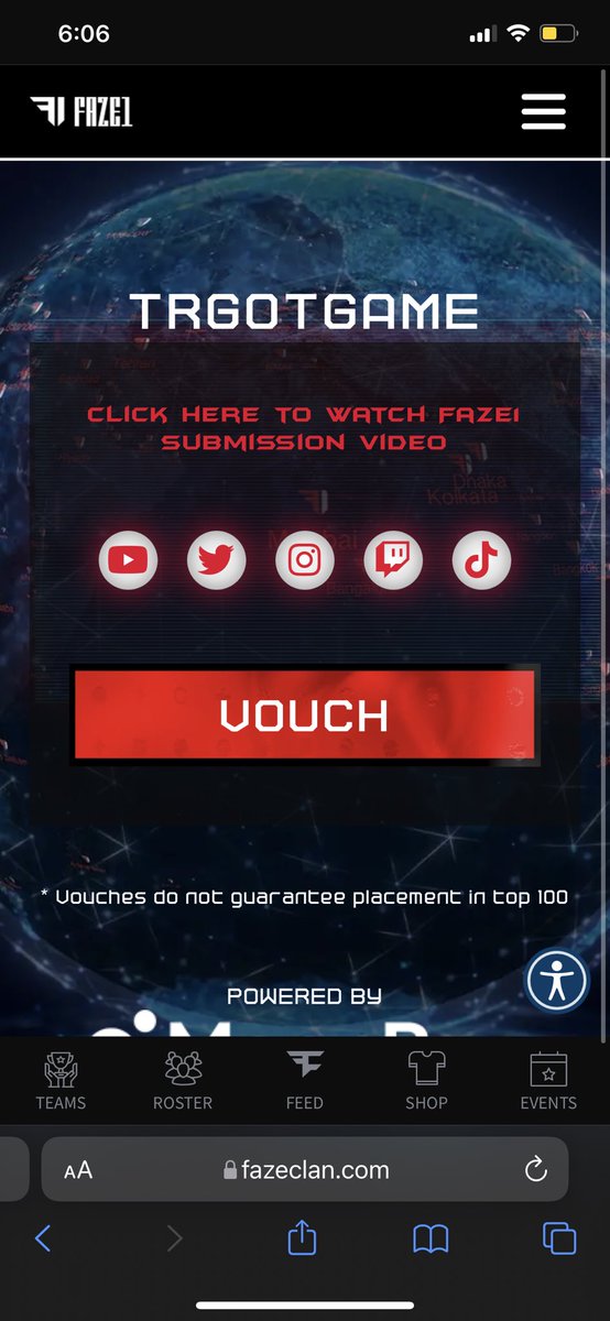 TR_Watkins22's tweet photo. IF YOU GUYS HAVE SOME TIME PLEASE VOUCH FOR MY FAZE SUBMISSION VIDEO! IT WONT INCREASE OUR CHANCES BUT IT WILL HELP SHOW THE SUPPORT WE HAVE! ITS ONLY TAKE A SECOND I PROMISE, JUST GOTTA PRESS ONE BUTTON #FaZe1 #FaZeClan #FaZeTR https://t.co/PEakcj09kL