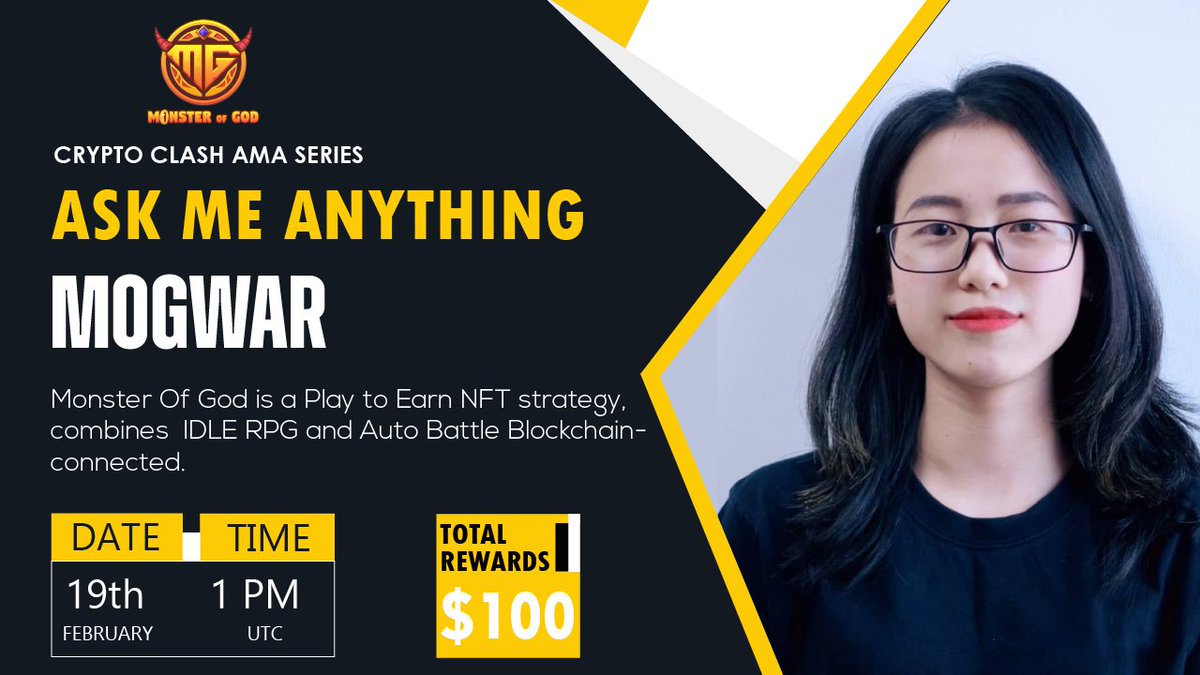 ⚔️AMA Series With Mogwar

🎁Prize: $100 BUSD
📆Date: February 19th 2022 1 PM UTC 
🏨 Venue: t.me/cryptoclash0

〽️ Rules:

1️⃣. Follow 
<a href="/CryptoClash1/">Crypto Clash</a>
  &amp;
@mogwar_io

2️⃣. Like Retweet &amp; Comment Your Questions (5 Questions Max) Tag 3 friends.