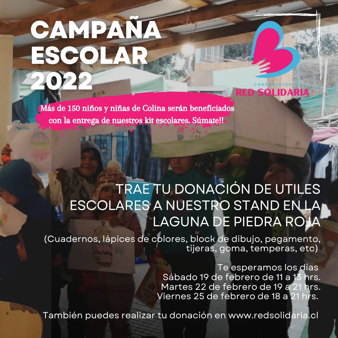 TRAE TU DONACIÓN DE ÚTILES ESCOLARES A NUESTRO STAND EN LA LAGUNA DE PIEDRA ROJA.
Te esperamos los días:
Sábado 19 de febrero de 11 a 13 hrs.
Martes 22 de febrero de 19 a 21 hrs.
Viernes 25 de febrero de 18 a 21 hrs. 
O realiza tu donación en redsolidaria.cl