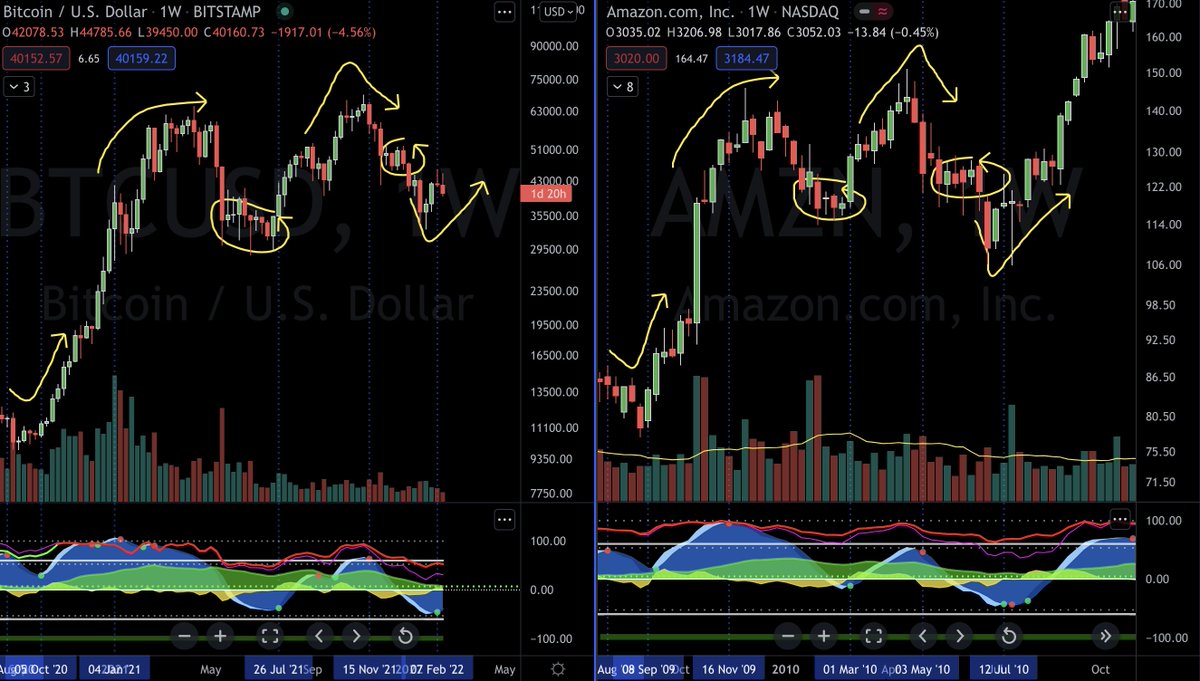 Bitcoin/Amazon charts....Any similarities? Winners are born through the  fire. If you see the possibility of a similar set up for #Bitcoin, share  the knowledge & please like and retweet this.