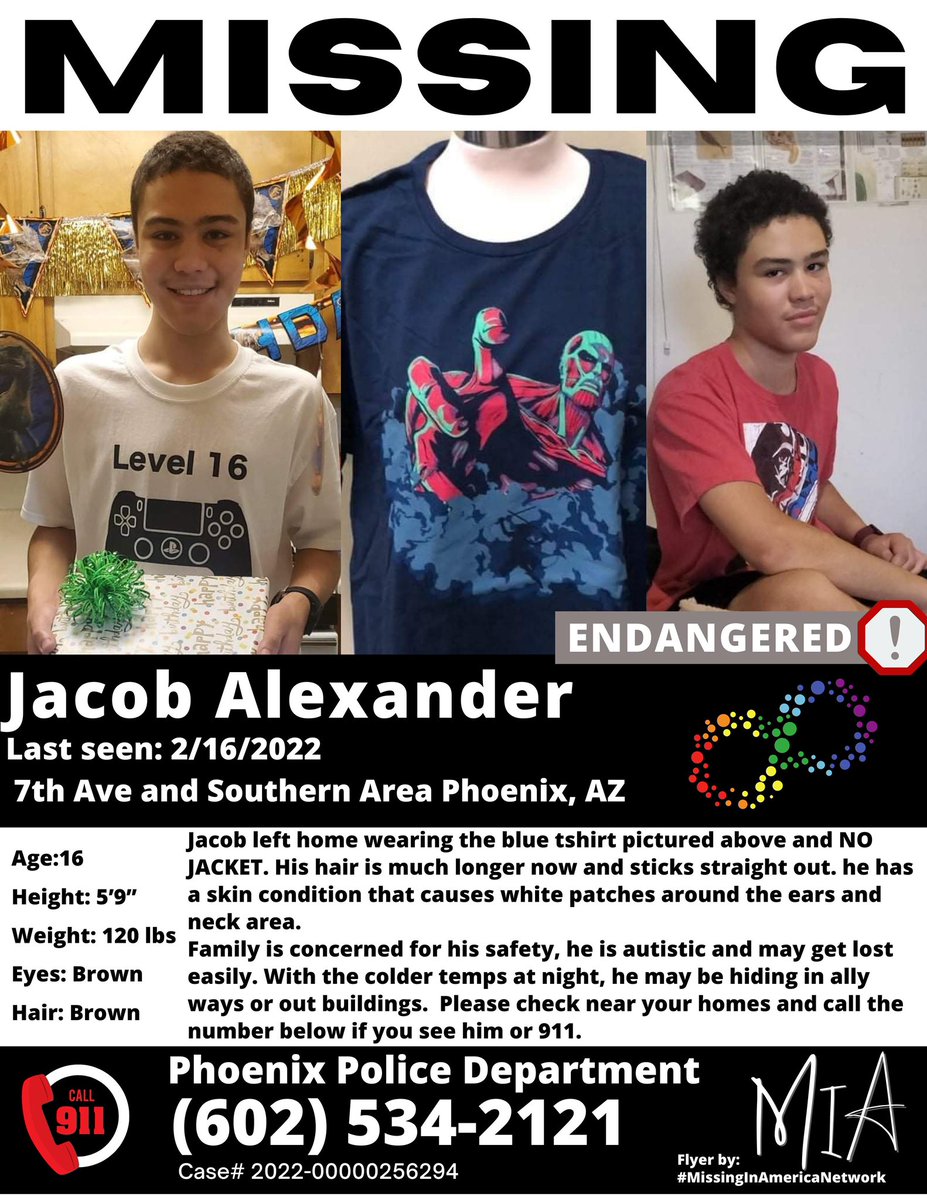 MissingNArizona's tweet photo. Jacob Alexander π¨ MISSING π¨ #BOLO π Phoenix, AZ #MissingInAmerica πΊπΈ #MissingInArizona #JacobAlexander https://t.co/3XUBcKvRRc