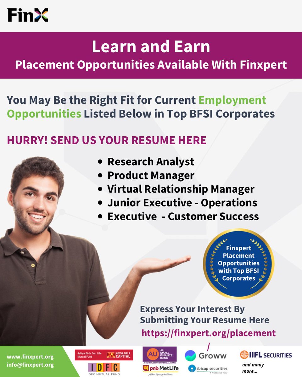 Here is a great opportunity for you to #learn and #earn without having to go on a job hunt!

We have multiple job opportunities with leading BFSI Corporates. 

Do you think you are the right fit? 

If yes, then send your #resume to us on  finxpert.org/placement/ 

#job #Hiring