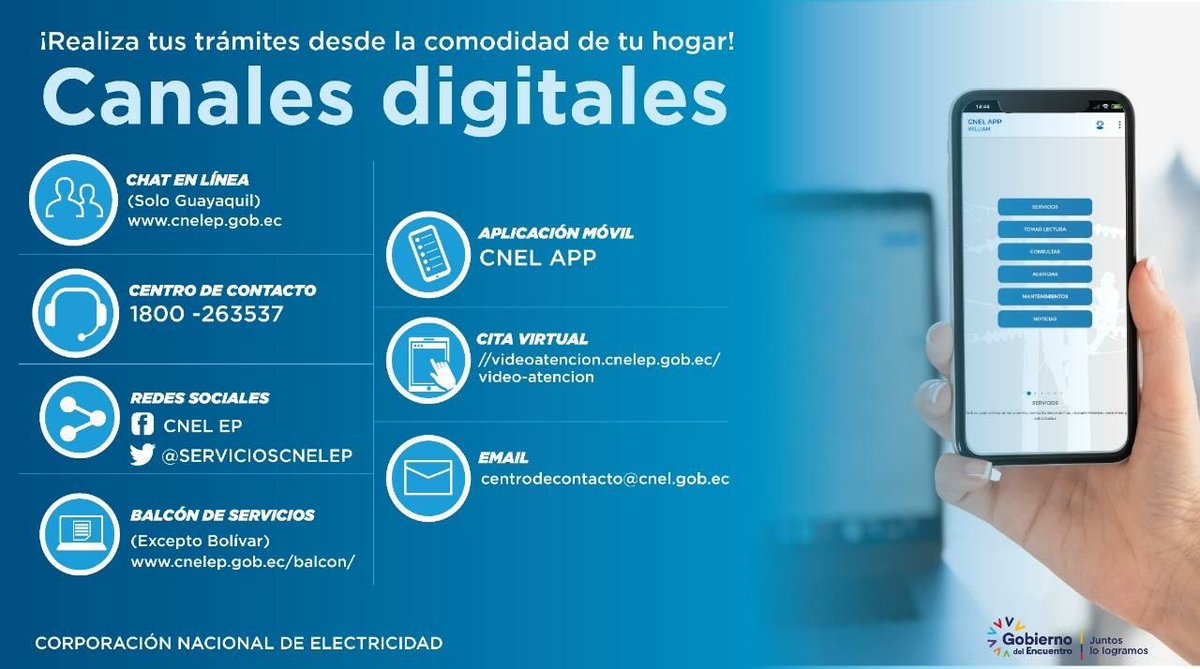 EnergiaEC's tweet photo. @JaviernaranjoR @CNEL_EP @servicioscnelep ¡Hacer cualquier trámite de CNEL desde la comodidad de tu casa u oficina es posible!
Agenda una cita virtual aquí: https://t.co/aOxMbxSyDM y realiza tus trámites sin preocupaciones.
¿Cómo agendar una cita virtual?
Mira el video https://t.co/Mx8Rll2B2Y https://t.co/YmCMmRB1wH