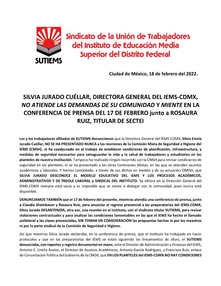 SutiemsOrg's tweet photo. Desmentido de las declaraciones de @IEMS_CDMX en la conferencia de prensa del día 17 de febrero de 2022 con @Claudiashein @El_Universal_Mx @SinEmbargoMX @LaIzqDiarioMX @LaRazon_mx @LaJornada @LaJornada https://t.co/u9FnyHwmxX