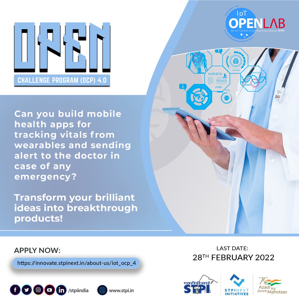 stpiindia's tweet image. Mobile health apps can track vitals from medical wearables and send alert to the doctor in case of any emergency. Participate in the #OCP4.0 of #STPIIoTOpenLab to develop similar smart apps in healthcare sector! Apply: innovate.stpinext.in/about-us/iot_o… #STPICoEs #STPIINDIA @AjaySawhney15