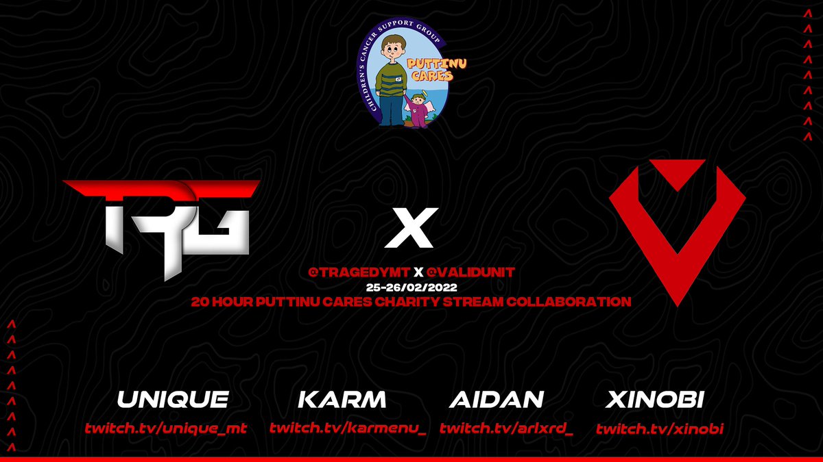 ValidUnit's tweet image. 🚨#Announcement🚨

We are stoked to announce that we will be hosting a fund-raiser Twitch stream together with @TragedyMt for @puttinucares, being held on the 25-26/02/2022. Twitch links below⬇️. See you!

#WeAreValid❤️