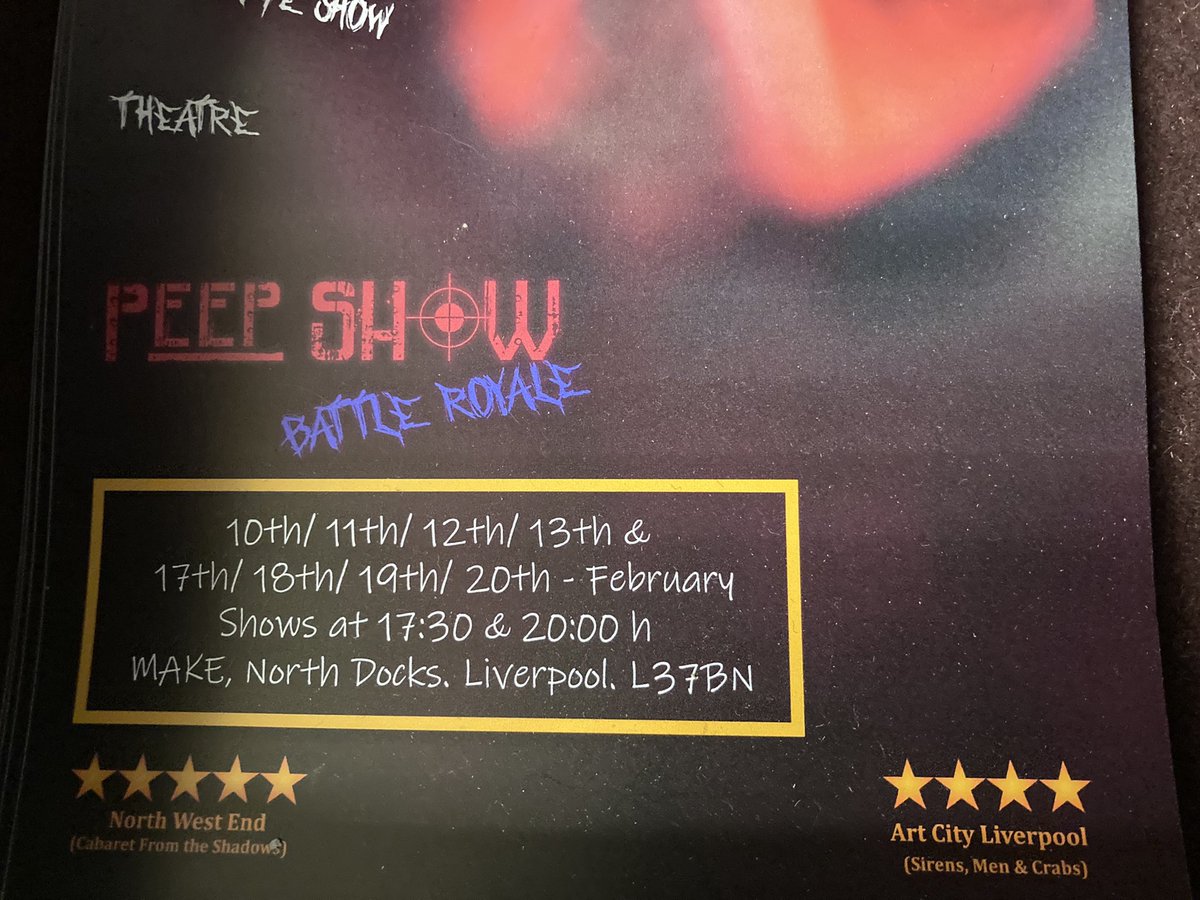 Wow well done <a href="/teatropomodoro/">Teatro Pomodoro  🍅</a> #BattleRoyalePeepShow was a fantastic night out, hilarious, love you guys &amp; it looks incredible- still tickets left!! <a href="/MakeNorthDocks/">Make. North Docks</a>