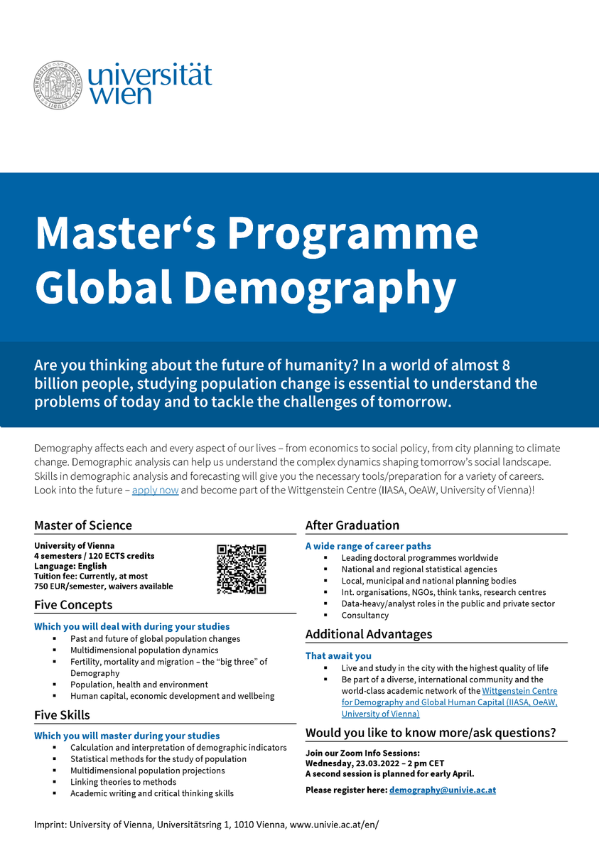 demografie_wien's tweet image. 📢 Heute startet die Bewerbungsfrist für den #Masterstudiengang 👩‍🎓 Global Demography an der @univienna! 

Eine Zoom Info Session gibt es am 🗓️ Mittwoch, 23.03.2022 um 14 Uhr (CET).

👉 Alle Infos: studieren.univie.ac.at/studienangebot…

#Demografie #Masterprogramm