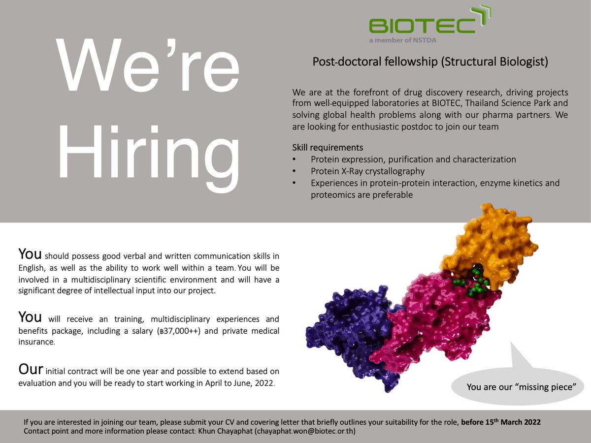 NitiSri1's tweet photo. Opportunity: We are hiring a new postdoc in structural biology@at BIOTEC, Thailand #postdoc #structuralbiologist #teamPROTAC https://t.co/XABapcBMmx