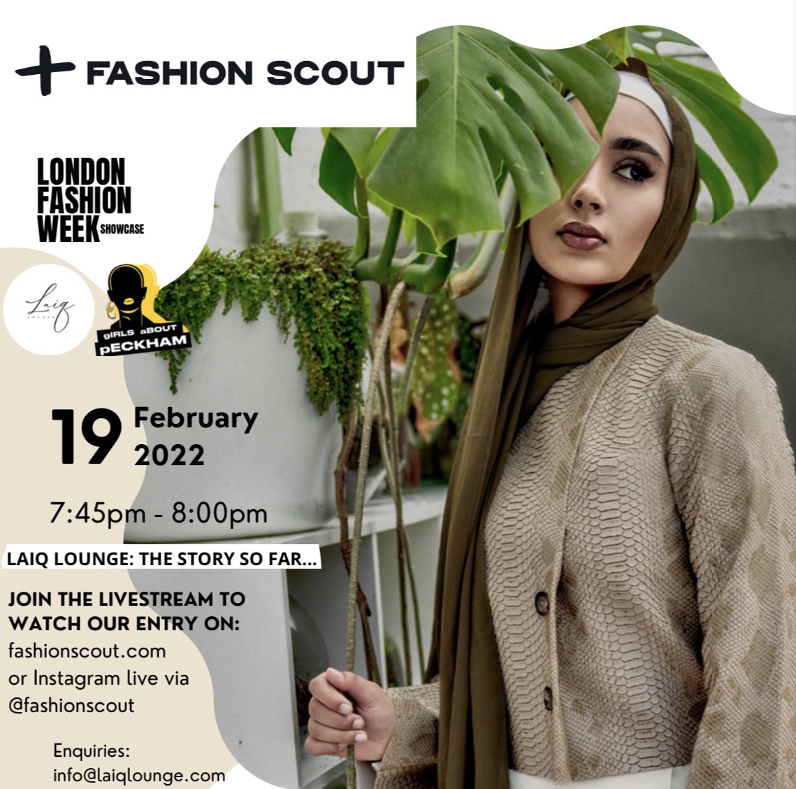 LaiqLounge's tweet photo. Just announced! 

Catch a glimpse of us tonight at the @fashionscout London Fashion Week showcase! 
We’ve been selected by @girlsaboutpeckham (a platform dedicated to showcasing the underrepresented) to shine a light on the Laiq Lounge story. Watch the livestream at at 7:45pm GMT https://t.co/3jL0A5FMLI