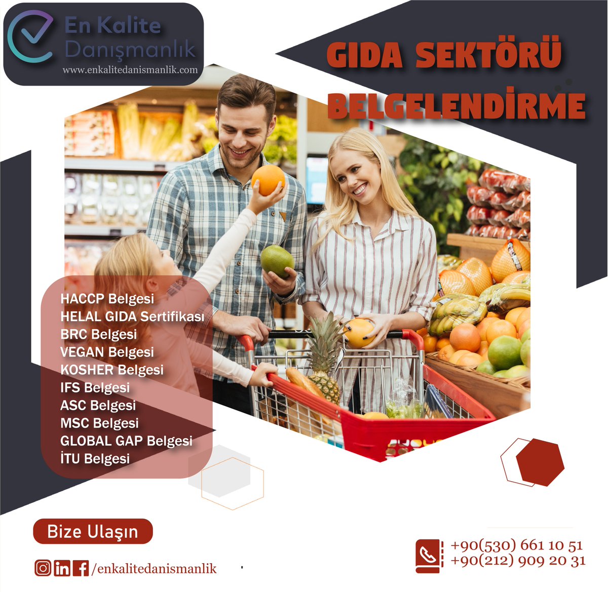 GIDA SEKTÖRÜ BELGELENDİRME
Danışmanlık ve eğitim hizmetlerimizden faydalanmak ve detaylı bilgiye sahip olmak için bizlerle iletişime geçebilirsiniz.
☎️
+90(530) 661 10 51
+90(212) 909 20 31