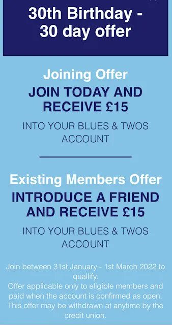 BluesandTwosCU's tweet photo. This is a great time of year to organise your finances - but hurry our 30th anniversary £15 for you and £15 for your introducer offer runs only until 1st of March 2022 (T&amp;C's apply)
https://t.co/ykv13DFwgS https://t.co/XR1burix6w