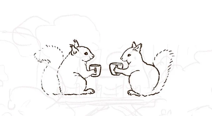 リスを描いている。木の上で優雅にお茶するリスちゃんずと、テーブルの下でガツガツ食べるリスちゃん。
リスお顔のバランスが難しい。 