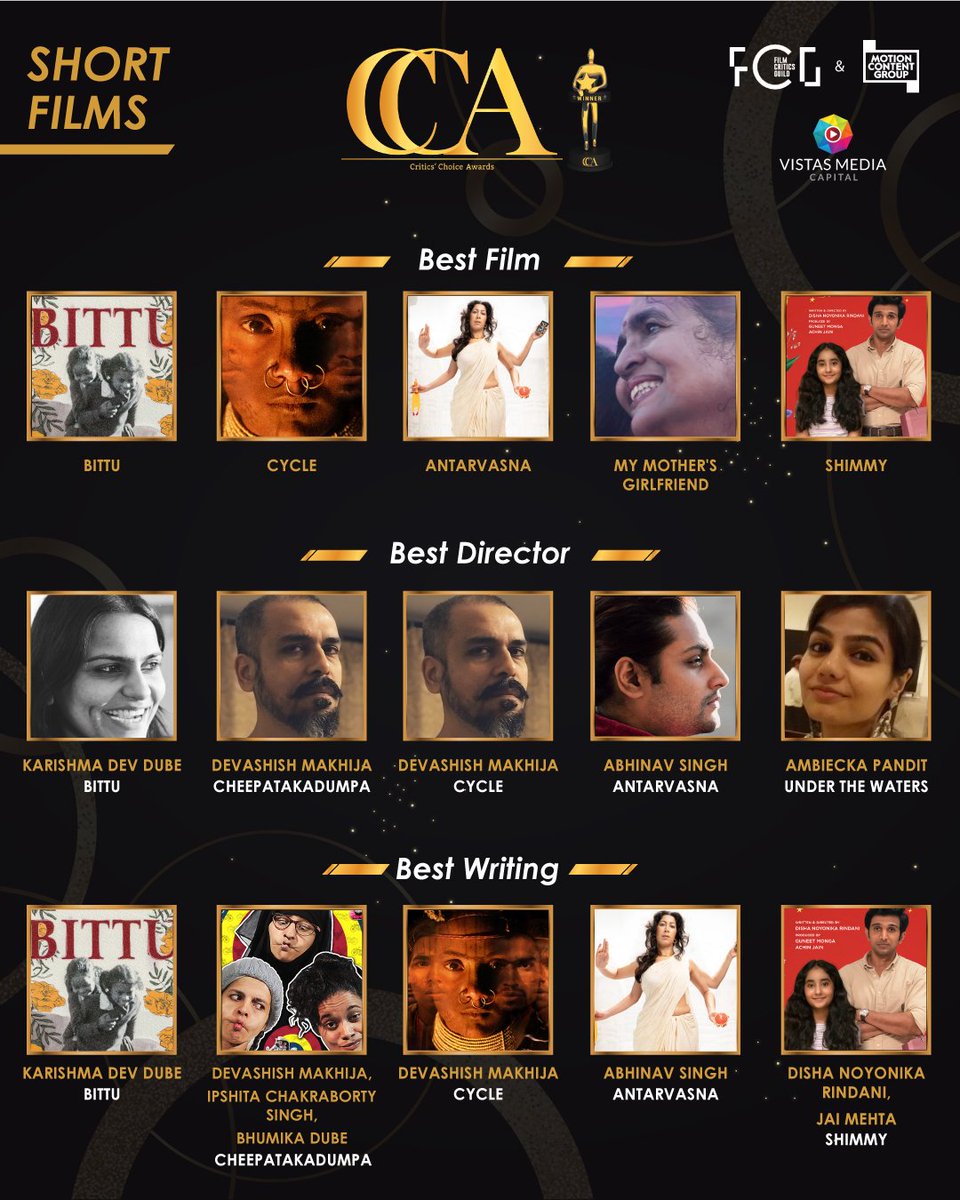 theFCGofficial's tweet photo. A quick look at all our short film nominees!
#CriticsChoiceAwards @CCSSAwards @motion_content @VMC_sg #AFathersGift #Antarvasna #Bittu #Cheepatakadumpa #Cycle #JaelsTale #KrishnaChaaya #Mintgumri #MyMothersGirlfriend #Opang #Pilibhit #Shimmy #UnderTheWaters https://t.co/EbqxcDW4eo