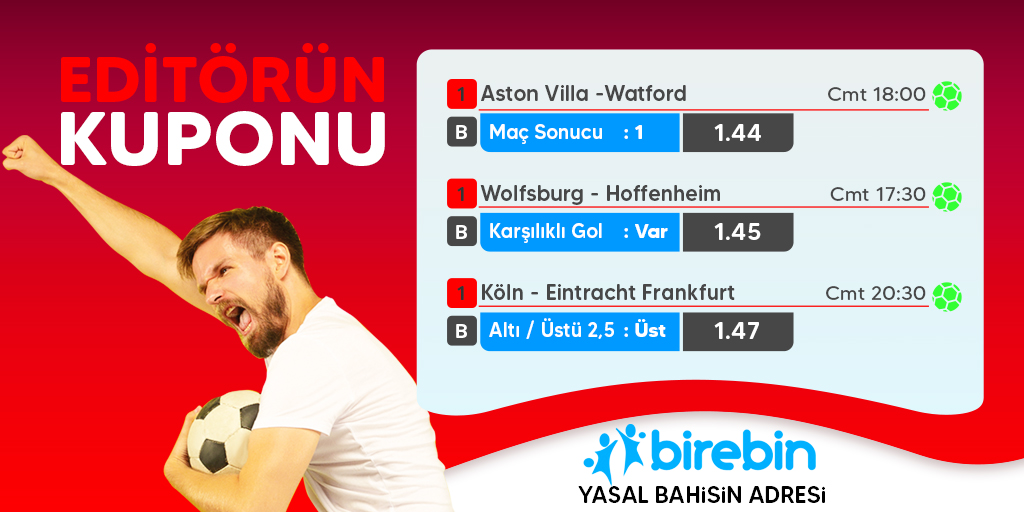 🔥 Editörümüzden, Cumartesi kombinesi!
📰 HEMEN OYNA -> birebin.com

#hazırkupon #iddaa #bahis #kupon #iddaa #canlıbahis #bundesliga #köln #frankfurt #astonvilla #watford #wolfsburg #hoffenheim #premierlig