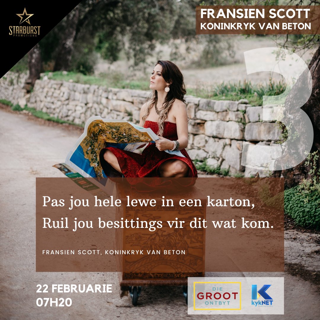 "Pas jou hele lewe in een karton, ruil jou besittings vir dit wat kom"
#3dae Fransien Scott #KoninkrykVanBeton
Eklsklusief op #DieGROOTOntbyt! Dinsdag, 22 Feb!