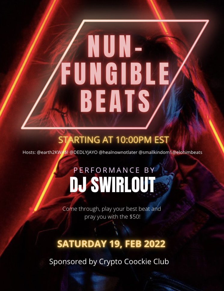 @CXVNT_ Presents:
Nun-Fungible Beats 🎶

🚨Tomorrow 10pm EST🚨
Come Through &amp; Play Your Best Beat For A Chance To Win $50! (The Prize Pool Will Only Get Larger From Here 😏)
#NFTCommunity #NFTMusic #Producers 
 x.com/i/spaces/1YqKD…