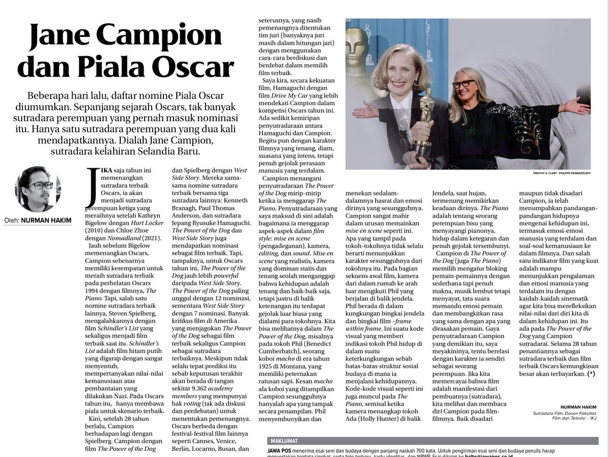 hakimcinema's tweet photo. Koran Jawa Pos hari ini. Catatan ringkas saya mengenai sutradara Jane Campion dan Oscars. https://t.co/pQiVMJl49w