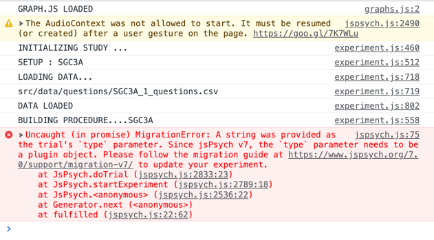 thoughtafox's tweet photo. The attention to detail in #jsPsych is simply outstanding. JS error even points me to the relevant version migration documentation! just.bravo! https://t.co/nlIQbHhxiM