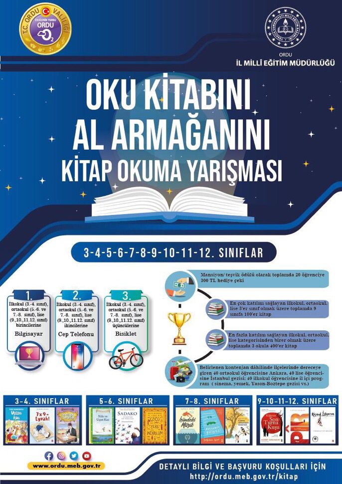Oku Kitabını Al Armağanını Kitap Okuma Yarışması Başlıyor

#eğitimkentiORDU  

<a href="/tcmeb/">Millî Eğitim Bakanlığı</a> <a href="/GelenMustafa/">〽️G</a> <a href="/yunus_arinci/">Dr. Yunus ARINCI 🇹🇷</a> <a href="/yilmaznazif/">Nazif Yılmaz</a> <a href="/tuncaysonel/">Tuncay Sonel</a> <a href="/mhilmiguler/">Dr. Mehmet Hilmi Güler</a> <a href="/mfvargeloglu/">MEHMET FATİH VARGELOĞLU</a> <a href="/TCOrduValiligi/">Ordu Valiliği</a>