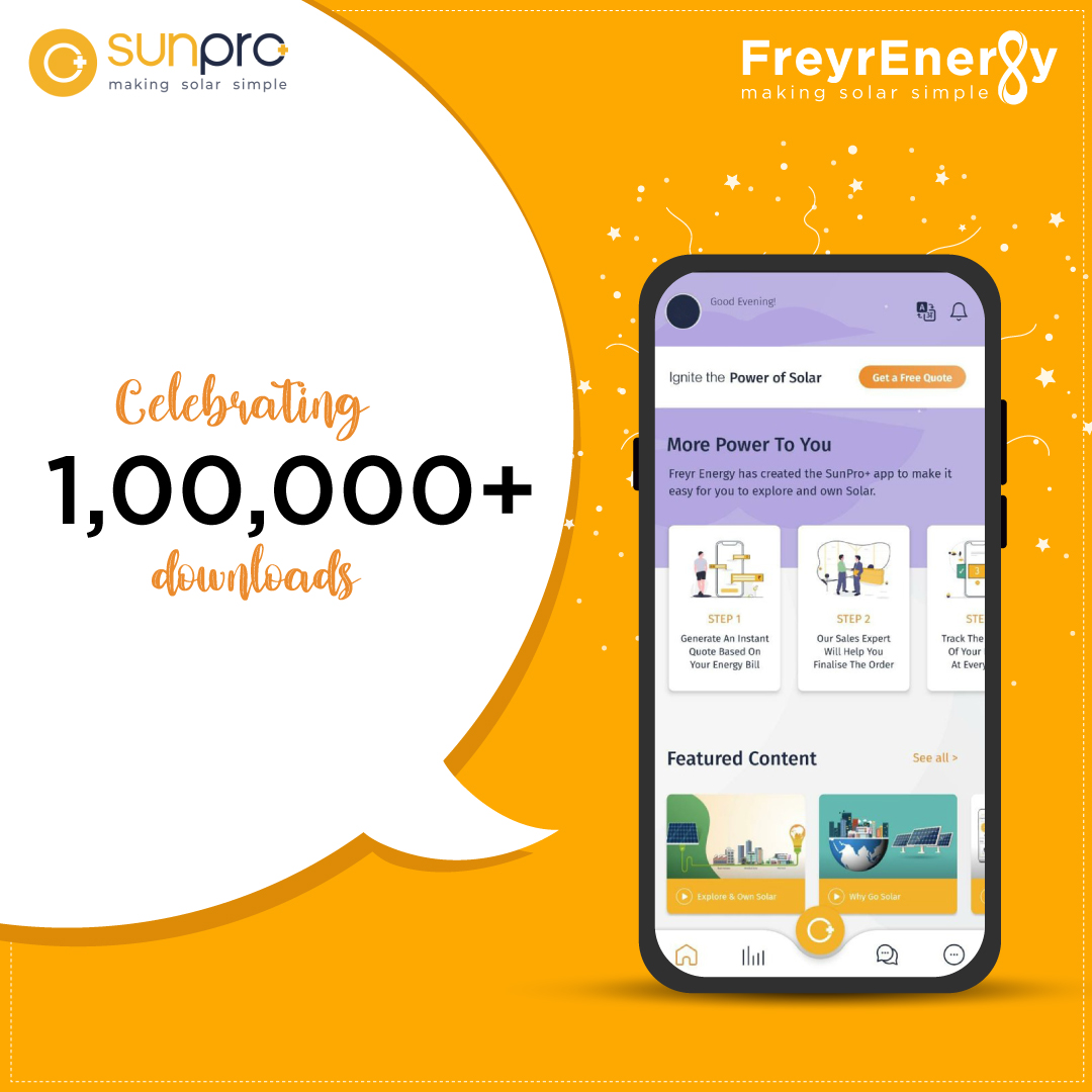 FreyrEnergy's tweet photo. We are thrilled to announce that our app SunPro+ has crossed 100,000+ downloads! Thank You For All The Support!
👉Please Download SunPro+ if you have not already
#Solar #RoofTopSolar #GoGreen #GoSolar #CleanEnergy #RenewableEnergy #MakingSolarSimple #SunPro #FreyrForSolar https://t.co/dB1Rbp67Oz
