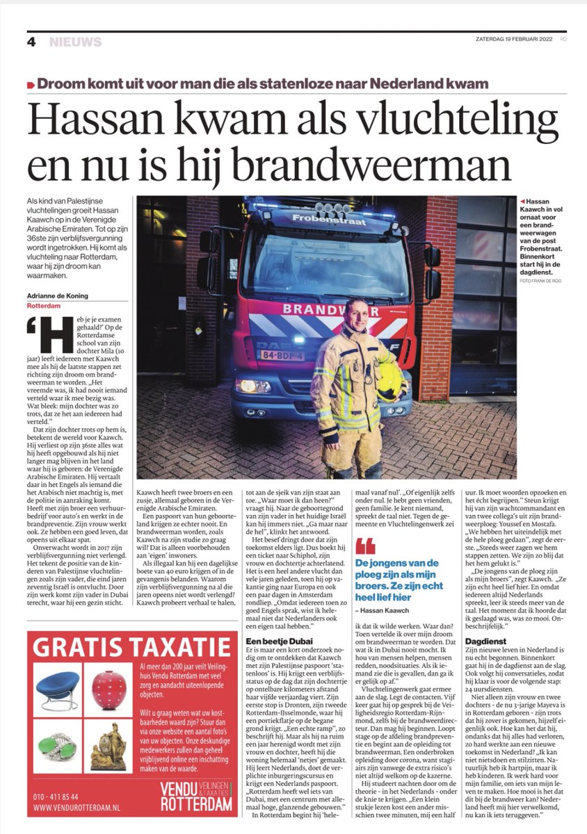 Hoe mooi is het om je dromen waar te maken en op wilskracht brandweerman te worden. Het verhaal van Hassan leest als een jongensboek. De inzet van de collega’s om hem te laten slagen is hartverwarmend en een mooi voorbeeld dat er voor iedereen binnen de VRR plek is.