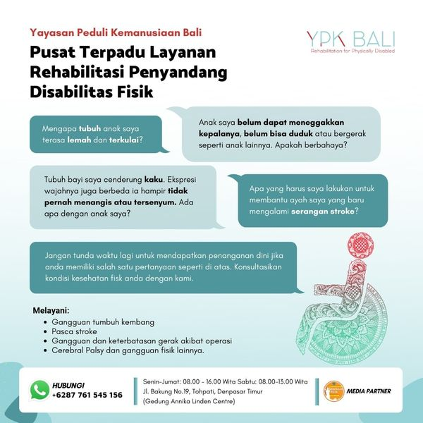 DenpasarKota's tweet photo. Hallo Warga Kota Denpasar.
Tahukah anda bahwa setiap orang berpotensi mengalami gangguan fisik yang menyebabkan kesulitan beraktivitas sehari-hari? Untuk itu, dengan pengalaman selama 21 tahun menyediakan Layanan Rehabilitasi bagi Penyandang Disabilitas Fisik, @ypkbali https://t.co/0ua4bqAZ0a