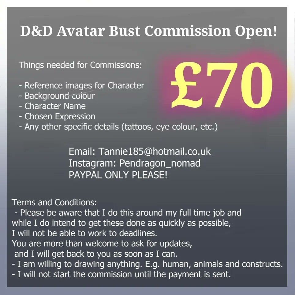 Pendragon_Nomad's tweet image. Hello everyone! I'm in need of financial help! I am opening these emergency D&amp;amp;D avatar commissions for £70! Also if you do not have a D&amp;amp;D character then other characters of yours in other fandoms is welcomed! 
#Commission #comissionsopen #dndart #dndcharacter