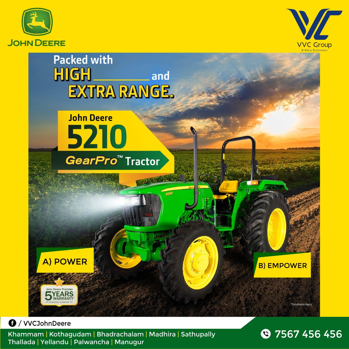 vvc_group_'s tweet photo. John Deere India introduces two technologies, for the very first time we present AutoTrac in India and the #GearPro Series!
select the "best answer" For 5210GearPro Tractor
Packed With High___?____and Extra Range.
For More Details, Contact Us - 7567456456. https://t.co/bKQboQm1Z7