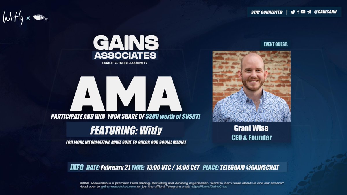 GainsAssociates's tweet photo. Welcoming Grant from @witlyio — QUIZ &amp; AMA

Ask questions below and on Telegram (https://t.co/DcmemHrUYp) on 21-02-2022 at 13:00 UTC for a chance to win your share of $200 worth of $USDT

In order to win, RT this message, tag 2 friends &amp; follow 
@witlyio 

#GainsAMA https://t.co/v19MfBQjC9
