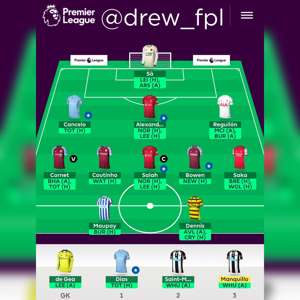 FplDrew's tweet photo. #DGW26
Jota π Saka
Wardprowse π Cornet
Thinking on TC Salah π.
#FPL #fplcommunity #RoadToGW38 #Drewfpl https://t.co/rcyEmgpNy3