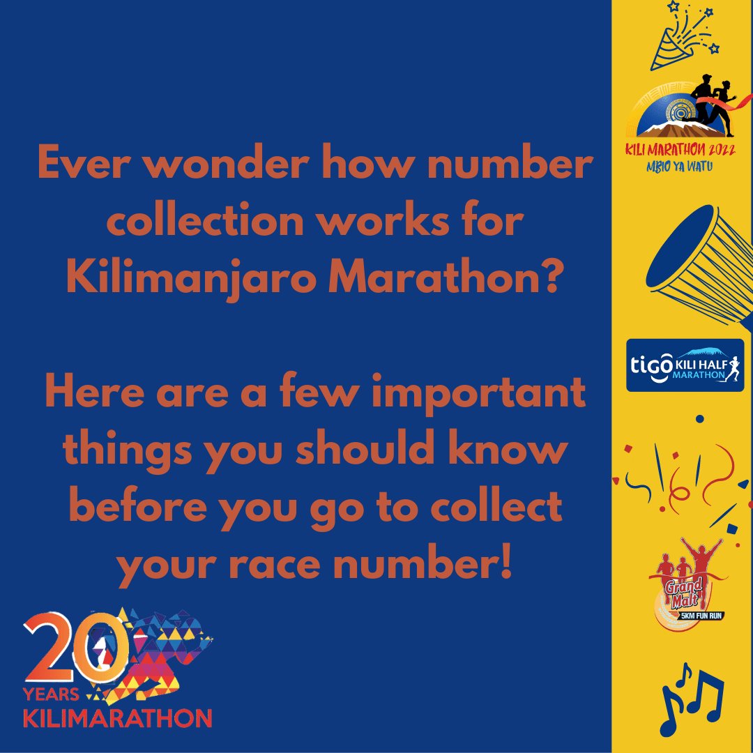 Collect your number at 1 of 3 Race Number collection points in Dar, Arusha or Moshi.
Can’t collect your items? Send a friend with a copy of YOUR ID, a copy of their ID and an OFFICIAL LETTER stating they may collect number.
PROOF OF PAYMENT, or EMAIL /RACE ENTRY REFERENCE NUMBER