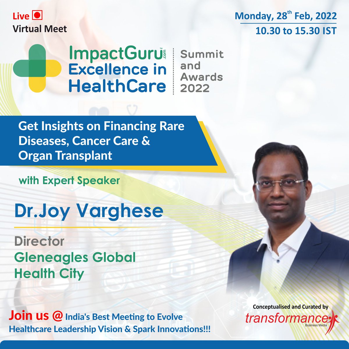 trfforums's tweet image. Join Dr. Joy Varghese, @GleneaglesKL while he shares his insights on Future of Transplant Innovation and Infrastructure at the @ImpactGuru Excellence in HealthCare Summit &amp;amp; Awards 2022.

Avail your FREE seats at : tbmindia.in/impactguruheal…

#health #impactguru #transformanceforums