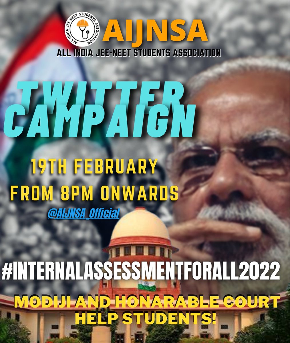 AIJNSA_official's tweet photo. Let's unite today from 8pm onwards 
with hastag- #InternalAssessmentForAll2022

Our request to government &amp; Honarable Supreme court to consider #InternalAssessmentForAll.

Today we have trend all over India once again to show the students unity &amp; power! https://t.co/OGkDMIOnyB