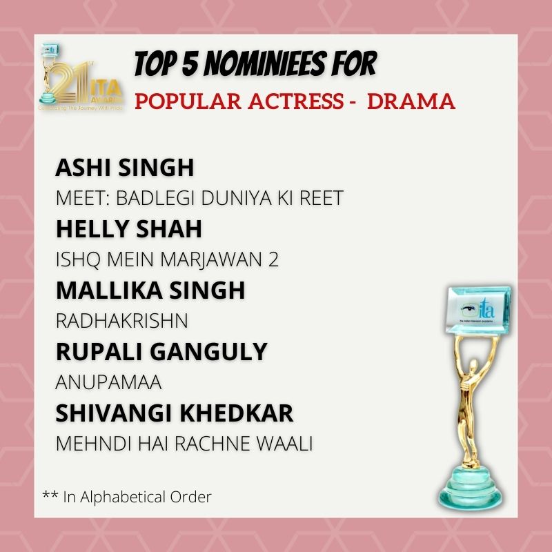 TheITA_Official's tweet photo. The wait is finally over #TeamITA brings you the top 5 nominees for "Popular Actress Drama"
#ashisinghh @OfficialHelly7 #mallikasingh @TheRupali #ShivangiKhedkar
@anuranjan1010
#top5 #ITA2021 #ITA2021comingsoon https://t.co/s8nTTng1GF
