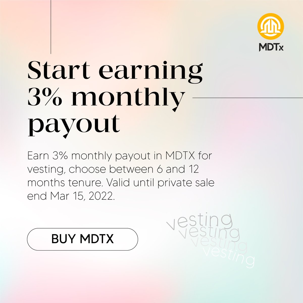 mdtxio's tweet photo. Buy MDTX at Private Sale price and earn 3% for vesting, paid out monthly in MDTX. Sweet sweet deal valid until March 15, 2022. What are you waiting for? Visit https://t.co/ZqdJZCLiS3 for more info. https://t.co/isqxCU8QFs