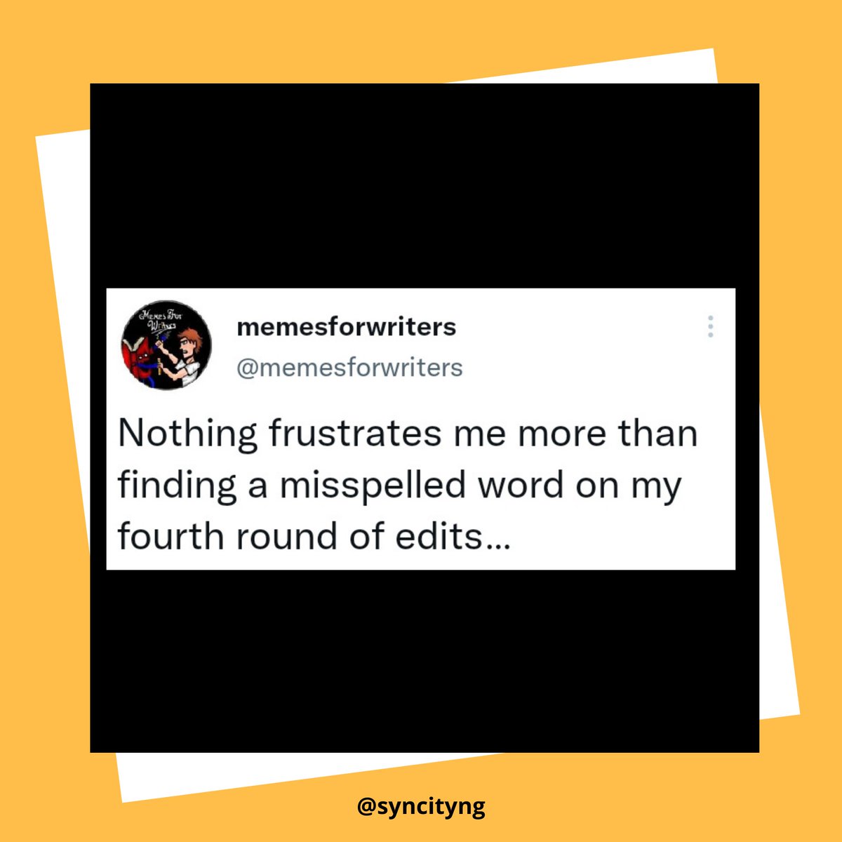SynCityNG's tweet photo. Like, so frustrating! 🤦🏾♂️😓
How many rounds of editing do you do before you're satisfied?
Follow @syncityng for the best of African literature, tips, author spotlight and book recommendations.
#writingcommunity
#blackhistorymonth
#SyncityNG https://t.co/1Jcb8a9TLj