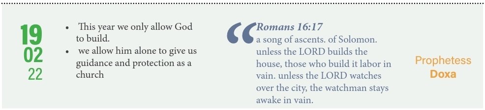 TCZambia's tweet photo. Day 14/21 ARISE AND BUILD (Prayer and Fasting)

19/02/22 
Scripture Romans 16:17
Unless the LORD builds the house, those who build it labor in vain. unless the LORD watches over the city, the watchman stays awake in vain. 

Prayer Point 
This year we only allow God to build. https://t.co/rqN5LKI6bM