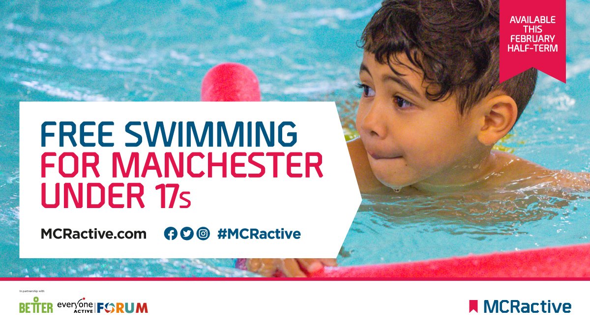 🏊 FREE SWIMMING THIS HALF TERM! 

Manchester U17s can swim for free over the school holidays during public swim hours, in the week &amp; the weekend! 

Available at various MCRactive pools across the city. Learn more: bit.ly/3gskUW2