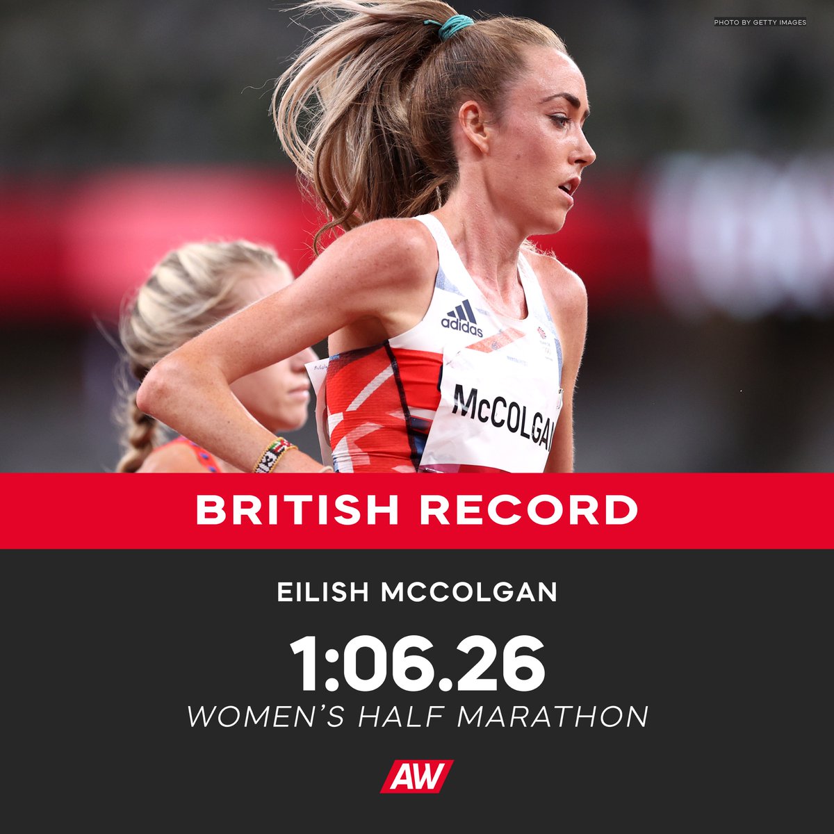 AthleticsWeekly's tweet photo. BRITISH RECORD 

@EilishMccolgan finishes sixth and clocks a British record of 1:06.26 at @rakhalfmarathon 🔥

She takes down the 21-year-old record of @paulajradcliffe (1:06.47) in the process. https://t.co/2W9LlmGsRT