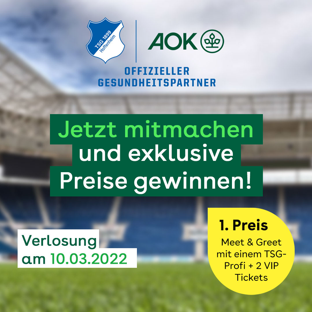 TSG Hoffenheim on Twitter: "#TSG-Fans aufgepasst! Unser Partner AOK  Baden-Württemberg hat ein exklusives Gewinnspiel für Euch: Die Preise sind  u.a. ein Meet &amp; Greet mit einem Profi und zwei VIP-Tickets sowie ein
